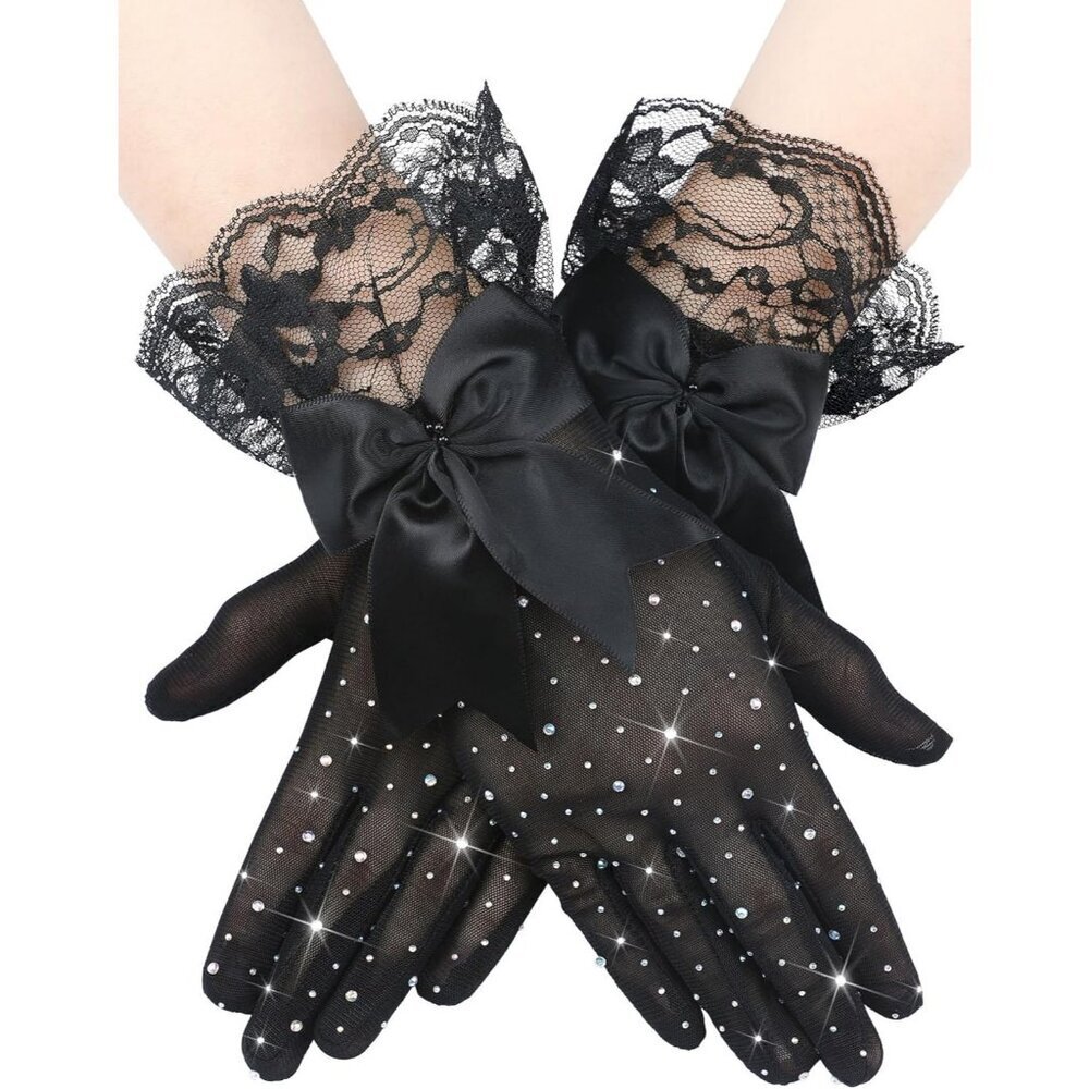 Women's Evening Rhinestones Black Short Lace Bow Gloves Accessories Halloween